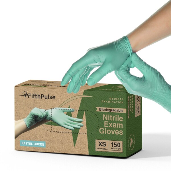 Fifthpulse Disposable Gloves, 3 mil Palm, Nitrile, XS, 150 PK, Pastel Green FMN100548 - main